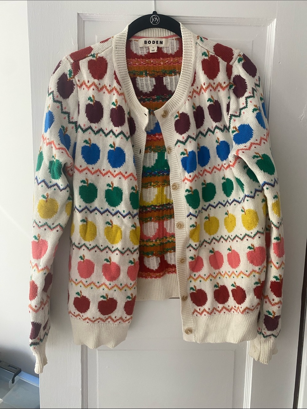 Boden Cream Cardigan with Multicolor Apple Motif